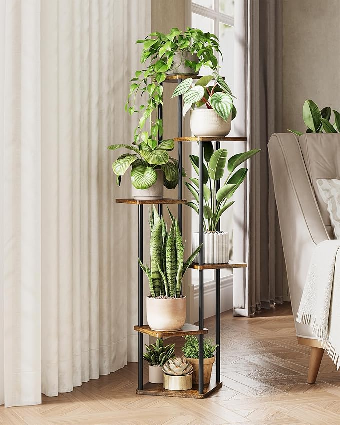 Corner Plant Stand Indoor 6 Tiered Plant Shelf for Multiple Plants Tall Plant Stand Shelf Wood Plant Stands Metal Shelving for Living Room Bedroom Balcony Brown Oak
