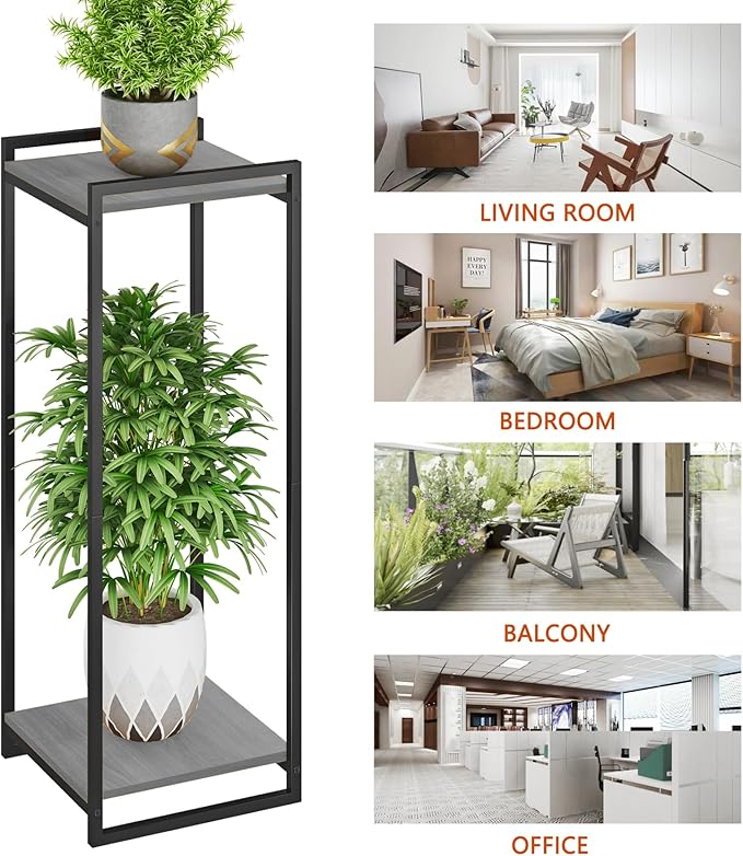 2-Tier Plant Stand Indoor, 34" Tall Modern Plant Shelf Corner Flower Pot Holder Organizer for Living Room Balcony Garden, Oak Grey