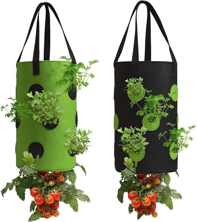 2 Pack Black and Green Upside Down Tomato & Herb Planter, Hanging Durable Aeration Fabric Strawberry Planter Bags