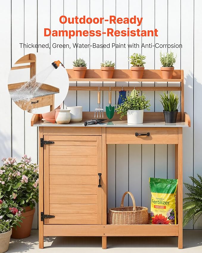 VEVOR Potting Bench Table, 3-in-1 Outdoor Gardening Wooden Workstation with 44 x 19 in Galvanized Iron Tabletop, Garden Work Station with Drawer, Storage Cabinet & Shelves, Hooks for Patio, Backyard