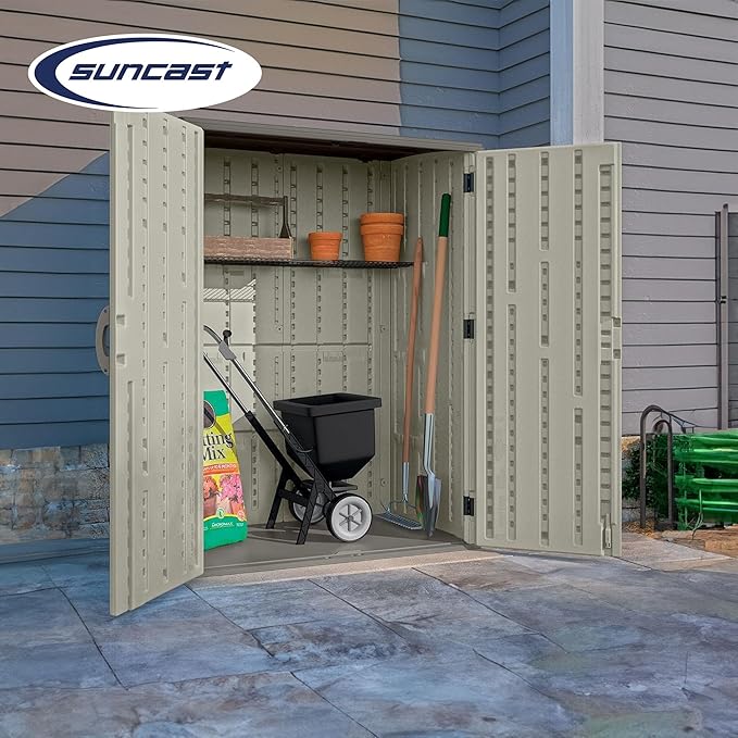 Suncast Outdoor Storage Shed, Water Resistant Resin Vertical Outdoor Storage Cabinet for Patio, Garden Tools, Cushions, & Equipment, Weatherproof Multi-Wall Design, 54 cu. ft., Made in USA