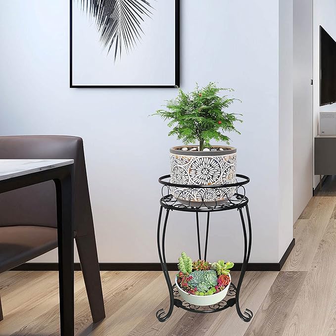 2 Pack 19.2 inch Metal Plant Stand Rack for Round Flower Pot, 2 Tier Potted Holder Indoor Outdoor Rustproof Wrought Iron Heavy Duty Planter Shelf for Corner Living Room Balcony Garden Patio, Black