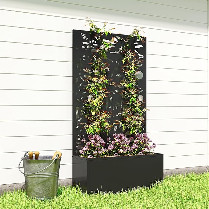 Outsunny Metal Raised Garden Bed with Trellis for Climbing Plants, Freestanding or Wall Mounted Flower Bed with Privacy Panel, Butterfly Cut-Out Outdoor Planter Box for Garden, Patio, Balcony