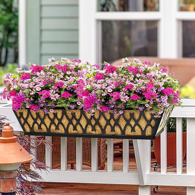 2 Pack 16 Inch Window Boxes Planters Railing Planter Box with Adjustable Brackets for Porch Fence Patio Balcony Hanging Flower Baskets with Coco Liners for Outdoor Garden Decor - Black