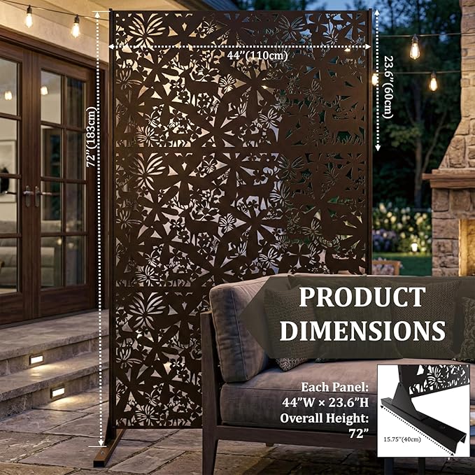 Metal Privacy Screen Outdoor 6FT – Freestanding Laser Cut Steel Garden Divider Panel with Stand, Decorative Modern Privacy Screen for Patio, Deck, Backyard & Balcony, Rustproof & Weather-Resistant
