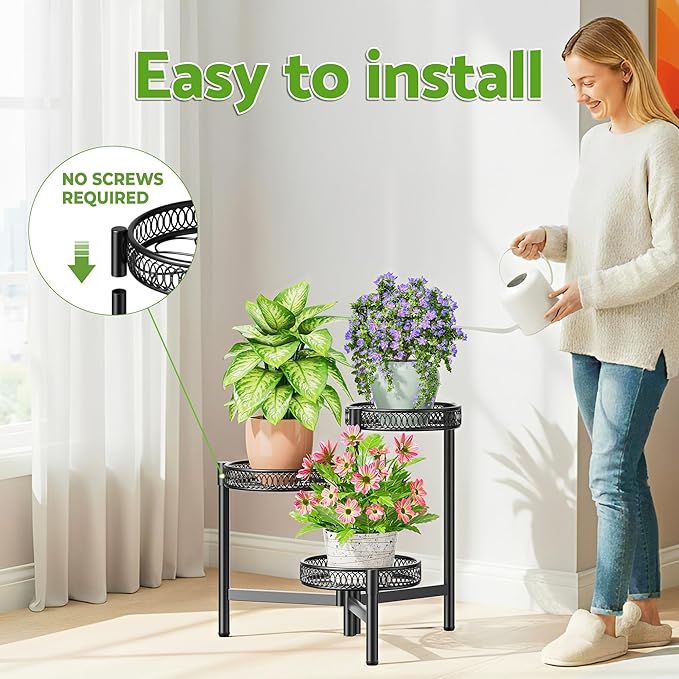 3 Tier Metal Plant Stand Indoor Outdoor, Corner Tall Plant Shelf for Multiple Plants, Foldable Heavy Duty Plant Holder, Decoration Flower Pot Stand for Patio Living Room Balcony Garden - BlackFlower