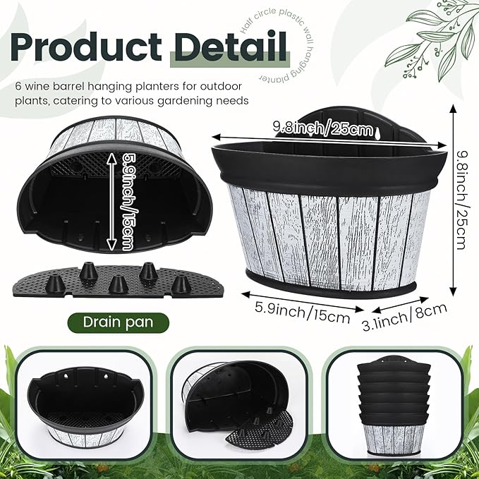Layhit 6 Pcs Wall Hanging Planters Outdoor Pot Planter Wine Barrel Planter Distressed Oak Thickened Plastic Water Storage Flower Pots for Flower Indoor Outdoor(12 Inches,Wood White)