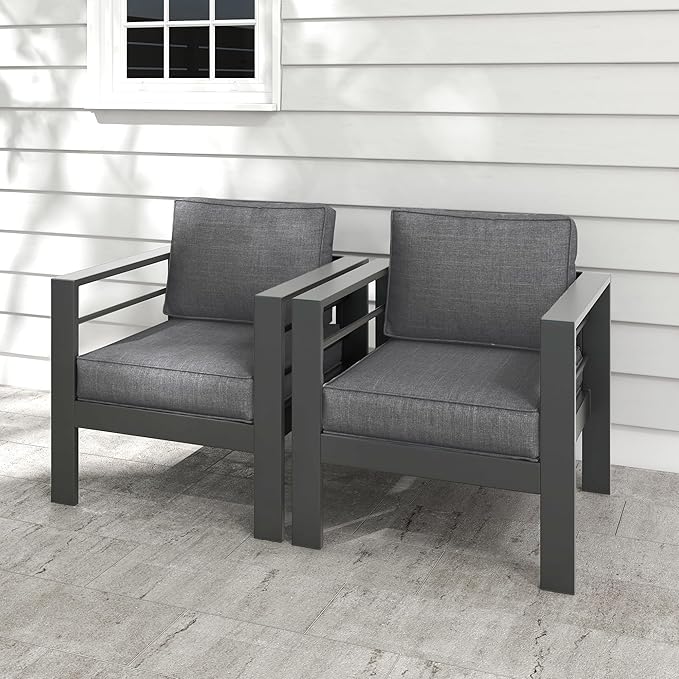 Kiss the Water Outdoor Patio Metal Furniture Chair, 2 PCS All-Weather Aluminum Outdoor Sofa with 5" Thick Soft Cushion and Wide Arm, Deep Seating Patio Couch for Balcony, Porch, Backyard