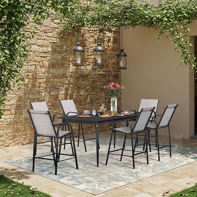 HOMREST Outdoor Bar Height Stools Set of 6,High Back Patio Chairs with Armrests,Textilene Chairs with Breathable Fabric & Metal Frame for All Weather,Light Grey