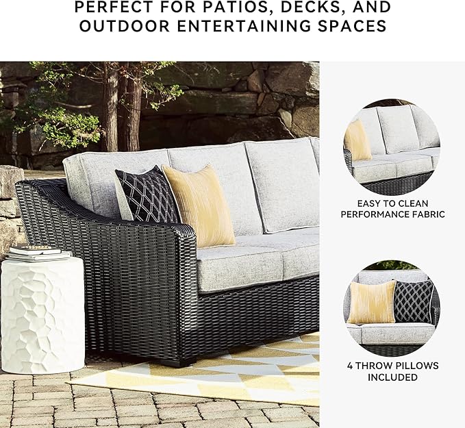 Signature Design by Ashley Beachcroft Casual Nuvella Weather Resistant Fabric 2-Piece Outdoor/Indoor Loveseat with Cushion and 4 Toss Pillows, Black & Light Gray