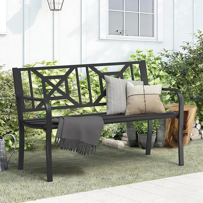 On Shine Patio Garden Bench,Outdoor Park Bench with Powder Coated Steel Frame, Elegant Loveseat with Square Pattern Backrest & Ergonomic Armrest for Outdoor Garden, Backyard, Lawn, Porch
