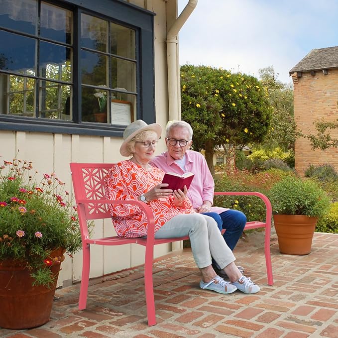 VINGLI 50" Outdoor Bench Metal with Floral Back, Garden Bench Front Porch Bench for Yard Patio Entryway Park Outside, 800lb Capacity - Pink