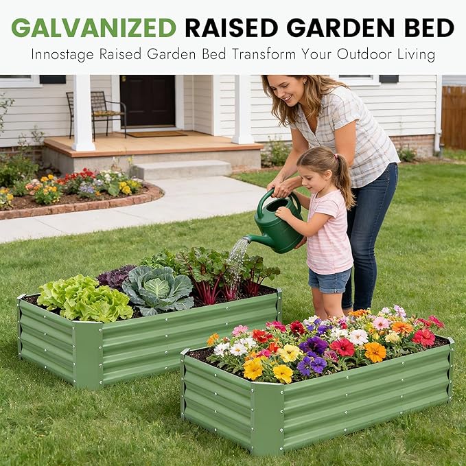 INNO STAGE Galvanized Raised Garden Bed Kit, 4x2x1FT Metal Raised Garden Beds for Vegetables, Rust-Resistant & Easy Assembly, Outdoor Raised Beds for Gardening, Flowers, Herbs (Green)