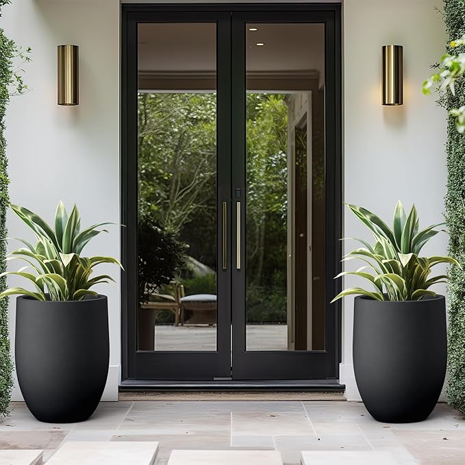 Kante 21.7 Inch Tall Concrete Planter, Large Indoor Outdoor Plant Pot with Drainage, Smooth Black Finish with Painted Interior, Ideal for Porch, Home, Garden, Patio