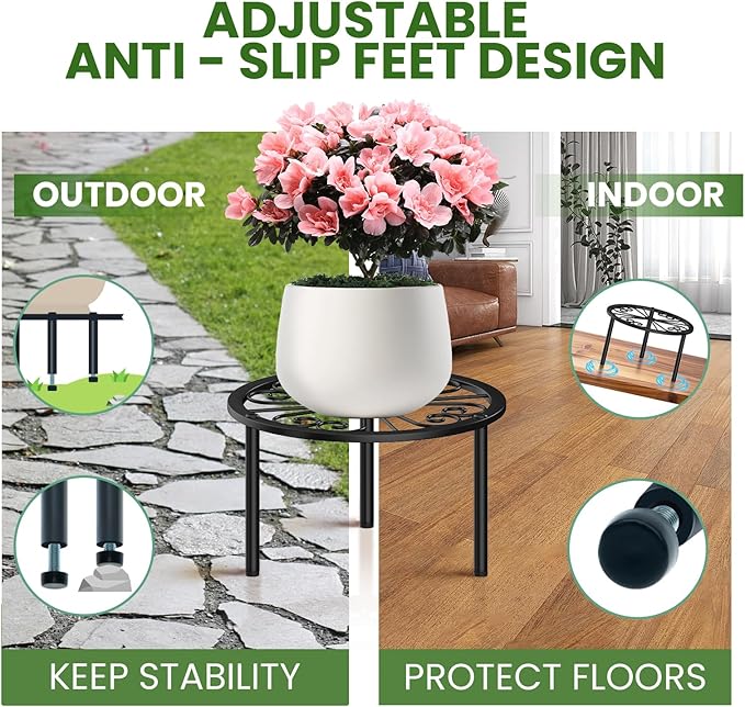 TOSKING Heavy Duty Metal Plant Stand - 9.1-inch Decorative Round Plant Stand, Adjustable Leveling Feet & Rust-Resistant Finish for Indoor/Outdoor Use