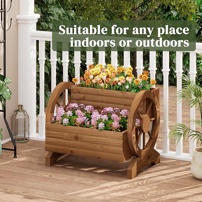 Wooden Wagon Planter Flower Cart with Wheels Garden Box Garden Planter, Decorative Planter for Flowers Herbs Vegetables for Indoor & Outdoor Décor Flower Cart for Patio Garden Balcony (Brown)