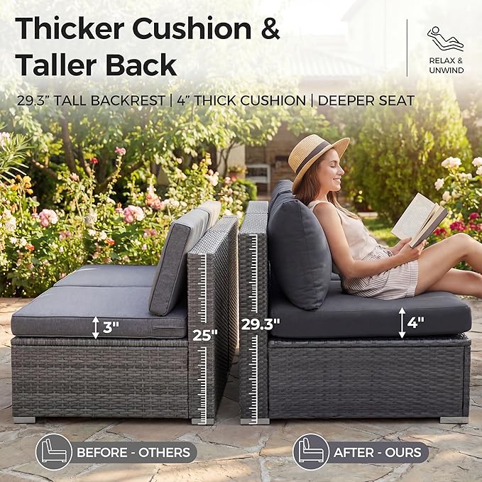 NICESOUL 7 Piece Modern Outdoor Conversation Sets, 29.3'' High Back Comfy Wicker Patio Modular Sectional with Side Tables, Extra Large and Deep Size L-Shaped Couch Furniture for Backyard Porch, Grey