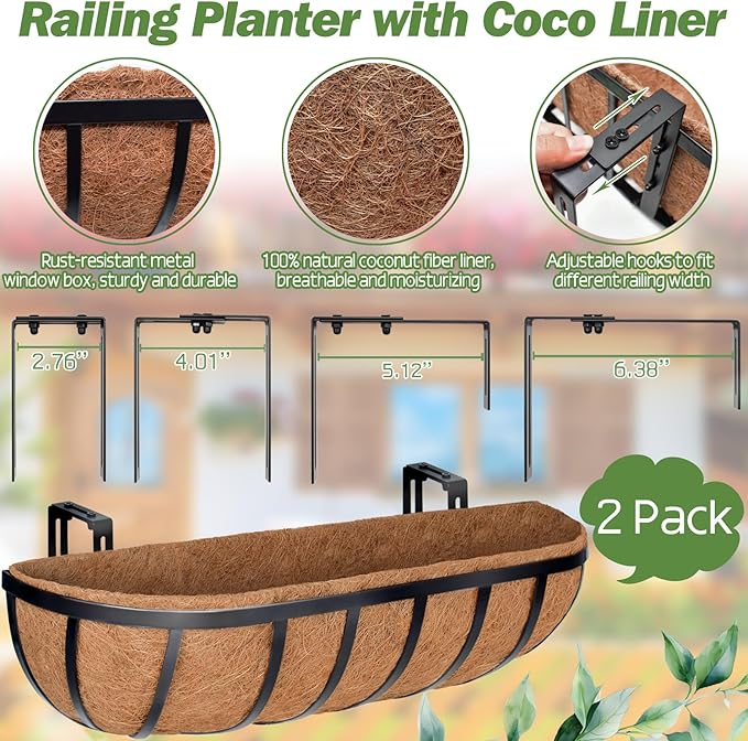ZeeDix 24 Inch Railing Planter Box, 2 Pack Metal Window Boxes with Coco Liners for Railing, Hanging Flower Boxes for Deck Porch Balcony & Fence Outdoor Indoor Lawn