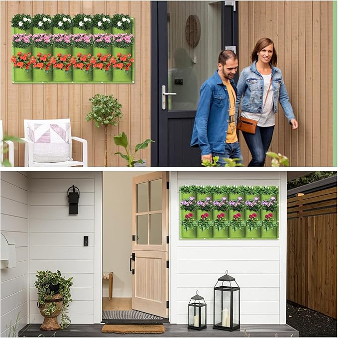 LITLANDSTAR 18 Pockets Hanging Grow Bags, 2 Pack Horizontal Wall Planter Plant Grow Bags Outdoor Indoor Hanging Planter for Balcony/Railing/Fence/Yard/Garden/Home Decoration, Green