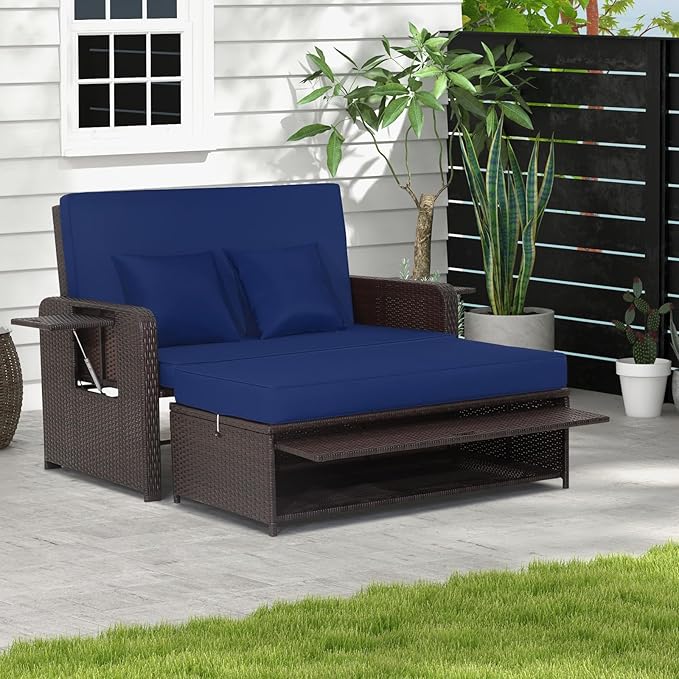LDAILY Moccha Outdoor Daybed, Wicker Loveseat Sofa Set with 4-Postion Adjustable Backrest, Storage Ottoman, Cushions, Rattan Double Bed Lounger, Patio Furniture Set (Navy)