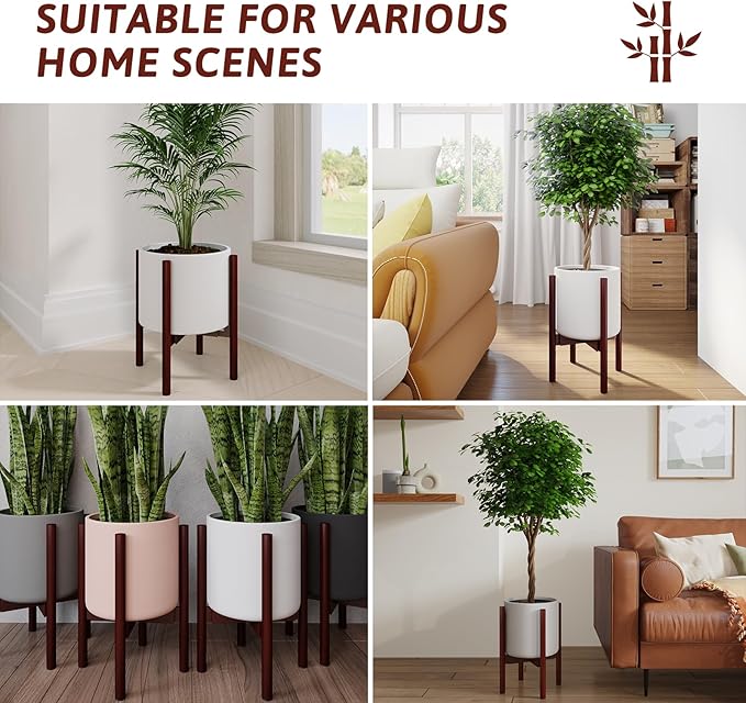 Adjustable Plant Stand Indoor, Bamboo Plant Holder 8 to 12 Inches, 3 Pack Single Floor Plant Stand for Living Room Balcony Bedroom, Reddish Brown