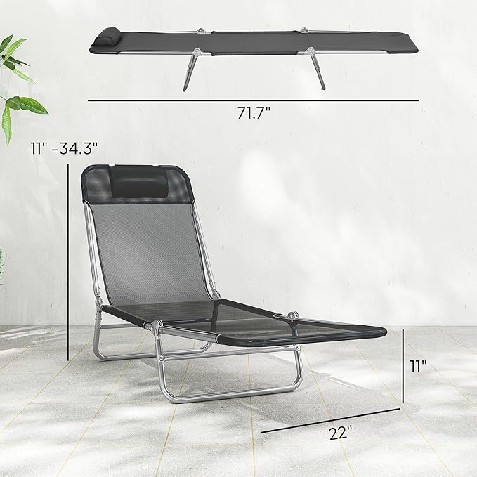 Outsunny 2 Piece Folding Chaise Lounge Chairs, Pool Sun Tanning Chairs with Reclining Back, Breathable Mesh Seat, Headrest for Beach, Yard, Patio, Black