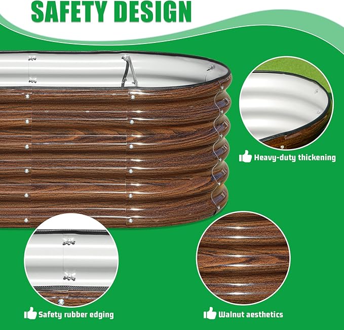 SnugNiture 4x2x1.5ft Raised Garden Bed Outdoor, 17" Tall Galvanized Metal Planter Box, Oval Raised Garden Bed Kit for Planting Vegetables Plants Fruits, Brown