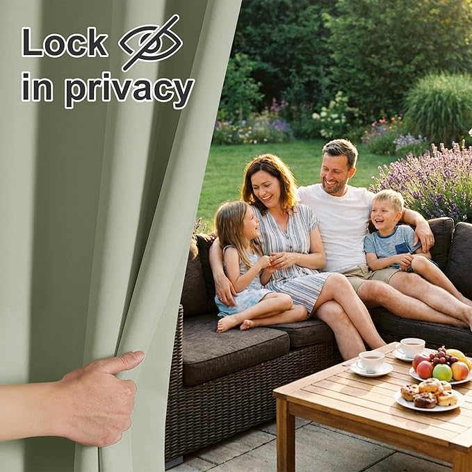 RYB HOME Outdoor Curtains for Patio Waterproof Block Sunlight Thermal Insulated Privacy Assured Thick Outside Curtains for Porch, Gazebo, Pergola, W52 x L84, Sage Green, 1 Panel