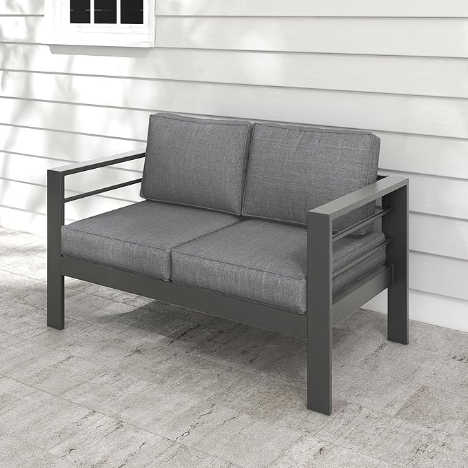 Kiss the Water Outdoor Patio Furniture Loveseat Sofa, All-Weather Metal Aluminum Patio Couch with 5" Thick and Soft Cushion and Wide Arm, Outdoor Couch for Balcony, Porch, Backyard