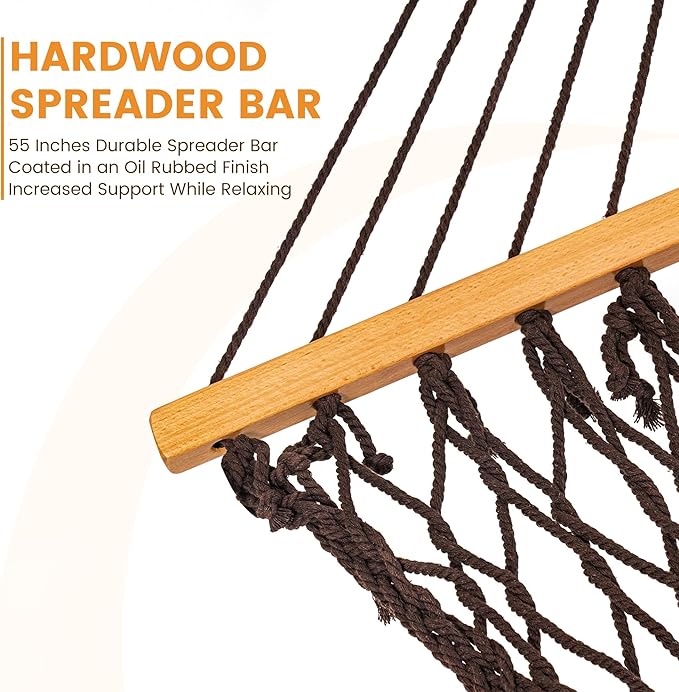 Lazy Daze Hammocks Double Rope Hammock, 2 Person Traditional Outdoor Hand Woven Cotton Rope Hammock with Spreader Bar, Carabiners, Tree Straps, Chains for Patio Yard - Max 450 Lbs, Dark Brown