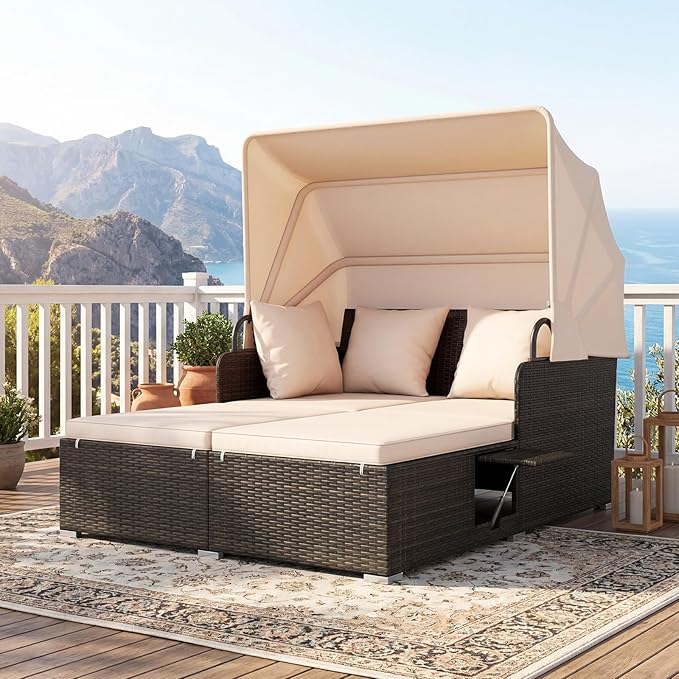 Tangkula Patio Rattan Daybed with Retractable Canopy, Outdoor Wicker Sunbed with 2 Foldable Side Tables, Thick Seat & Back Cushions, Outside Double Daybed for Garden, Backyard, Porch, Beige & Brown