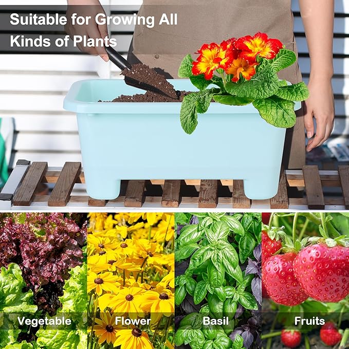 Self-Watering Rectangle Planter Boxes 8-Pack, 15.7-Inch Window Box Planter with Drainage Holes & Trays, Pots for Vegetables, Herbs, Flowers, Garden Windowsill Balcony (Sky Blue)