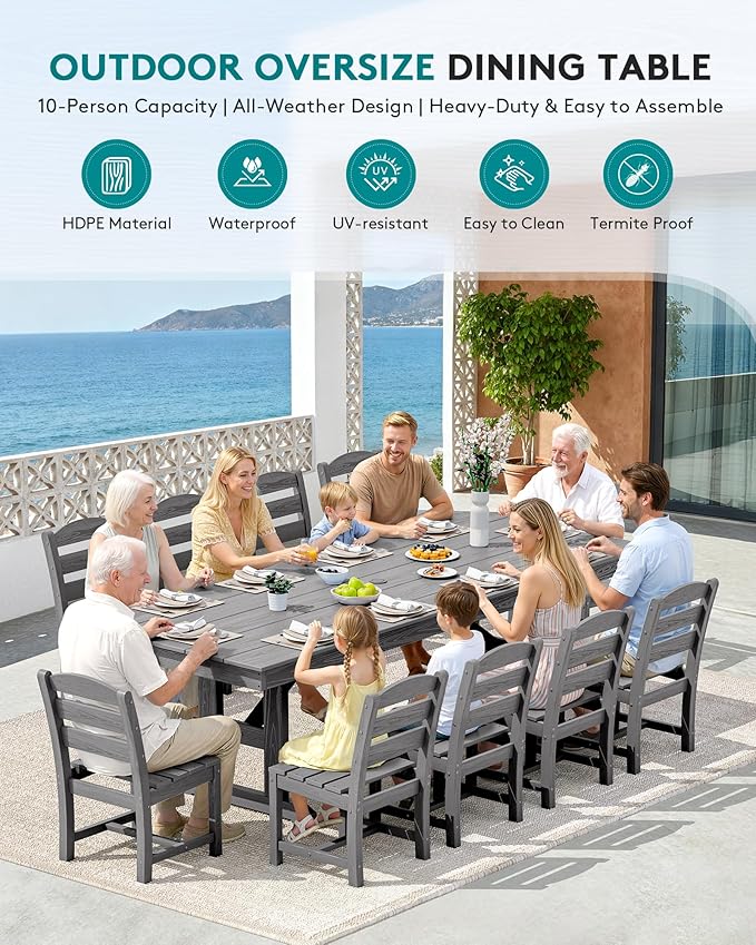 SERWALL 11 Piece Outdoor Dining Set, 84" HDPE Outdoor Table and Chairs for 10，All Weather Patio Furniture Set with Umbrella Hole for Backyard, Garden, Gray