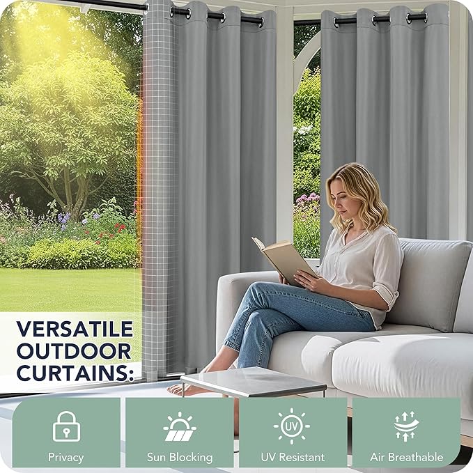 Outdoor Curtains for Patio Waterproof 6 Panels - Windproof, Privacy, Weatherproof Outside Drapes for Gazebo Pergola Porch, Grommet Top and Tab Bottom, 54x108 Inch, Grey