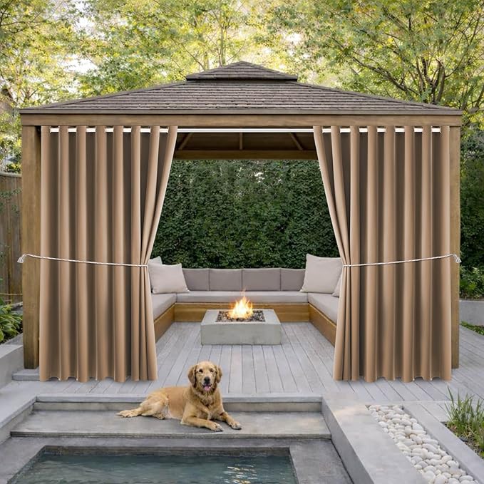 Waterproof Outdoor Curtain W105 x L95 - Grommet Top Sunlight Blocking Window Treatment Drapes Blackout Curtains for Home Bedroom Living Room Outdoor Patio Porch Pergola Cabana Gazebo (Camel Brown)