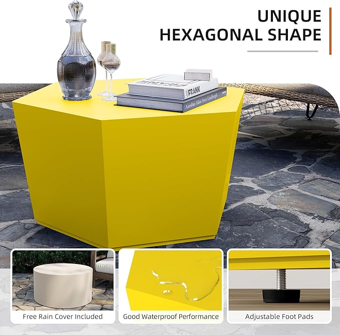 UPHA Outdoor Hexagon Coffee Table, Small Modern Minimalist Accent Tables, Low Light Concrete Center Table for Living Room, Outside Patio, Deck, 28×24.2×15.4, Lemon Yellow