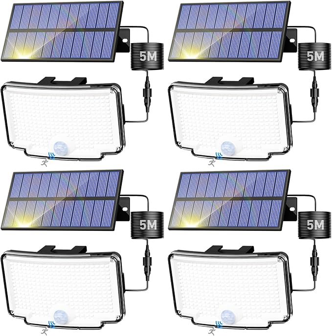 Peasur 4 Pack Solar Motion Lights Outdoor, 318 LED Solar Security Light with 3 Modes, IP65 Waterproof Powered Flood Lights for Outside Garden Patio Garage Yard Backyard