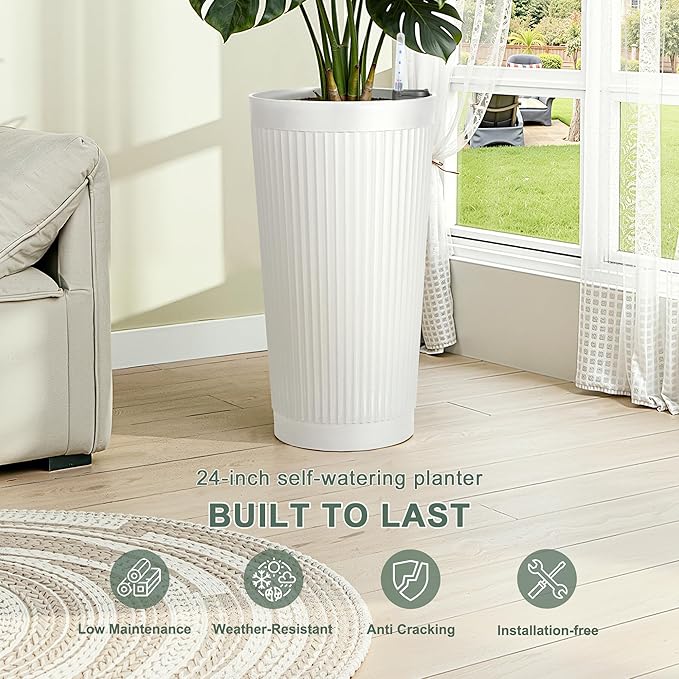 24” Tall Outdoor Planters Set of 2, Self Watering Flower Pots White Planters for Outdoor Plants, Modern Plastic Tall Planter for Front Porch, with Drainage Hole (Ribbed)