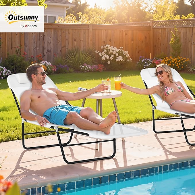 Outsunny Folding Chaise Lounge Chair, Pool Sun Tanning Chair, Outdoor Lounge Chair with Reclining Back, Breathable Mesh Seat, Headrest for Beach, Yard, Patio, Cream White