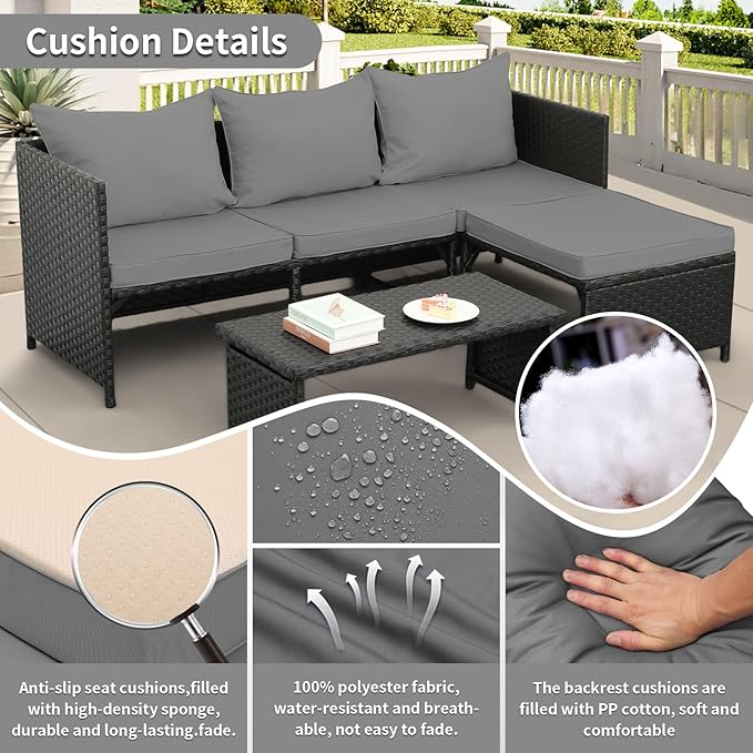 Valita 3-Piece Outdoor PE Rattan Furniture Set Patio Black Wicker Conversation Loveseat Sofa Sectional Couch Gray Cushion