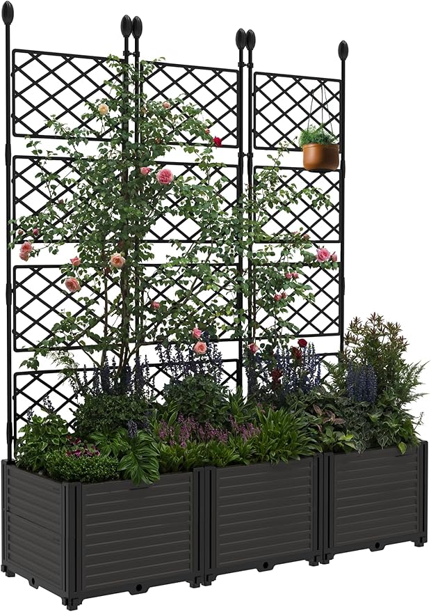 IDEALHOUSE 3 PCS Raised Garden Bed with Trellis, 50" W×63" T Plastic Planter Box with Privacy Screen, Sturdy Lightweight Vertical Garden for Climbing Plants Patio Balcony Backyard