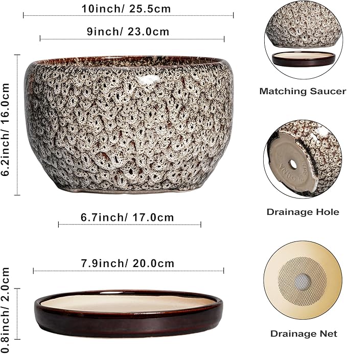 SQOWL Ceramic Plant Pots - 10 Inch Planter for Indoor Plants Outdoor, Large Flower Pots with Drainage Hole and Saucer, Decorative Round Planter, Apartment Decor, Garden Gifts for Women, White