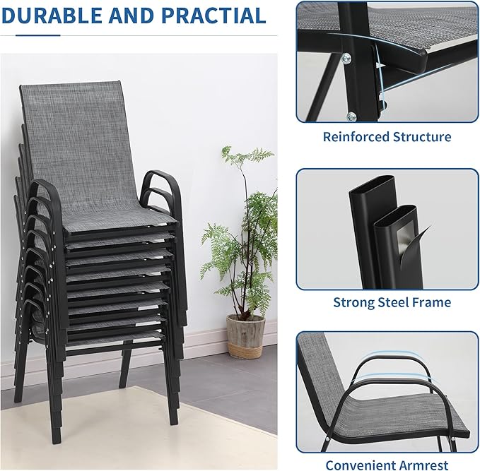 PIZZELLO Patio Chairs Set of 8 - Outdoor Stackable Dining Chairs for All Weather - Lightweight Textilene Outdoor Chair Sets with Armrests - 330Lbs Capacity - for Backyard Garden Porch Poolside (Grey)