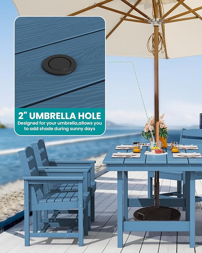 SERWALL Outdoor Dining Table, 67" Rectangle HDPE Dining Table for 6, Patio Table for Dining with Umbrella Hole, Blue