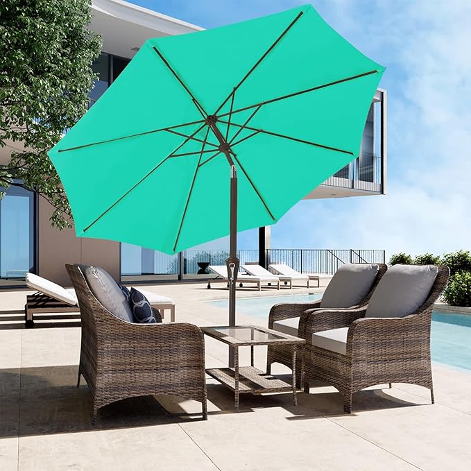 JEAREY 9FT Outdoor Patio Umbrella Market Umbrella with Push Button Tilt and Crank, Outdoor Table Umbrellas 8 Sturdy Ribs UV Protection Waterproof for Garden, Deck, Backyard, Pool (Teal)