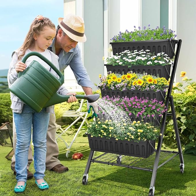 SEJOV 5-Tier Raised Garden Bed, 4FT Vertical Garden Planter with Storage Rack and Lockable Caster Wheels, Indoor Outdoor Raised Planter Box with Drainage System for Vegetables, Flowers, Herbs, Black