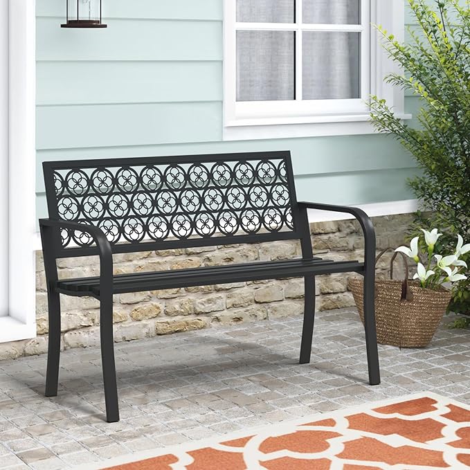 50" Outdoor Bench, Metal Weatherproof Garden Bench Cast Iron Heavy-Duty Patio Bench with Decorative Backrest for Proch Park 880lb Capacity