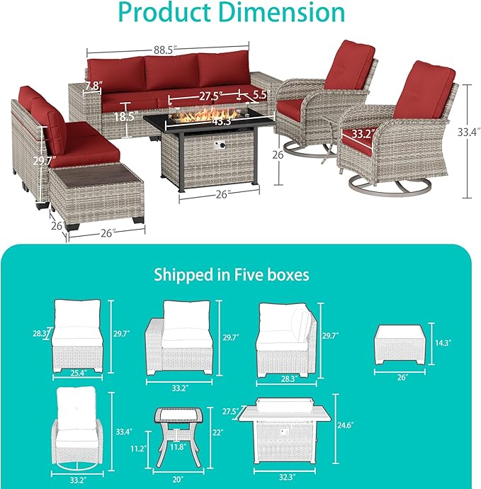 10-Piece Outdoor Patio Furniture Set with Rocking Swivel Chair, PE Wicker Rattan Sectional Sofa Patio Conversation Set with 55,000 BTU Fire Pit Table & Coffee Table, Red