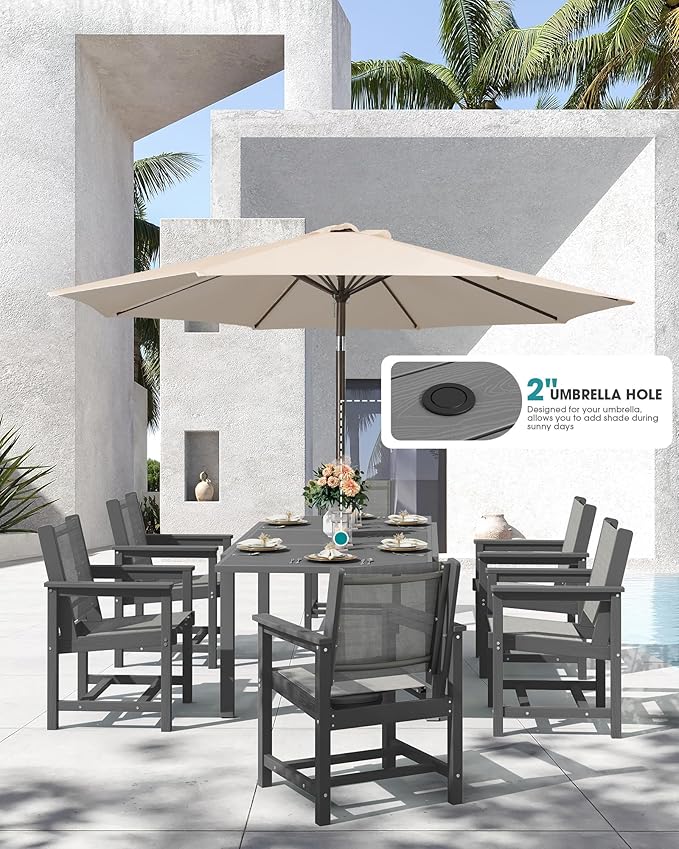 SERWALL 9-Piece Outdoor Dining Set, 60" - 83" Expandable Patio Dining Table with 6 Breathable Textilene Chairs, All Weather HDPE Patio Furniture Set for Backyard, Garden, Grey