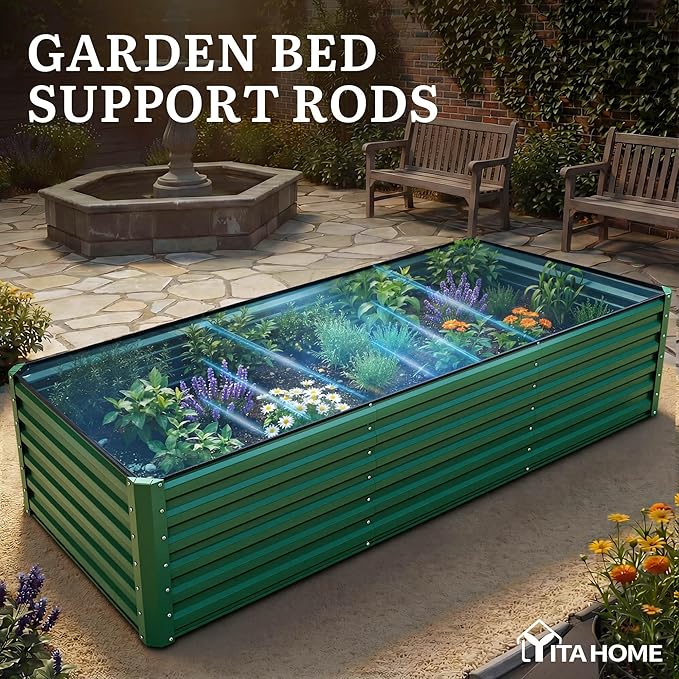 YITAHOME 8x4x2ft 2pcs Large Raised Garden Bed, Galvanized Metal Planter Box with Gloves, Ground Nails, Support Rod & Safety Rubber, Outdoor Above Ground Planters for Plants Vegetables Flowers, Green